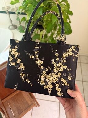Black Mini Handbag with Gold Floral Embroidery
